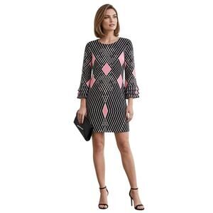 Alfani Geometric Shift Dress LP Petite Black Pink Bell Sleeve Mod Retro Party